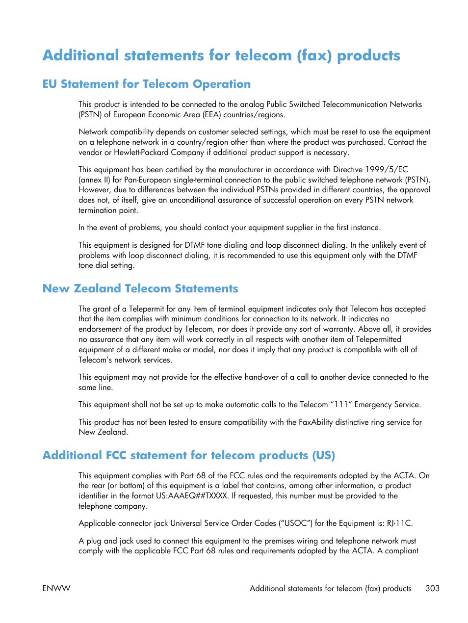 Additional statements for telecom (fax) products, Eu statement for telecom operation, New zealand telecom statements | Additional fcc statement for telecom products (us) | HP Officejet Pro X576 Multifunction Printer series User Manual | Page 319 / 336