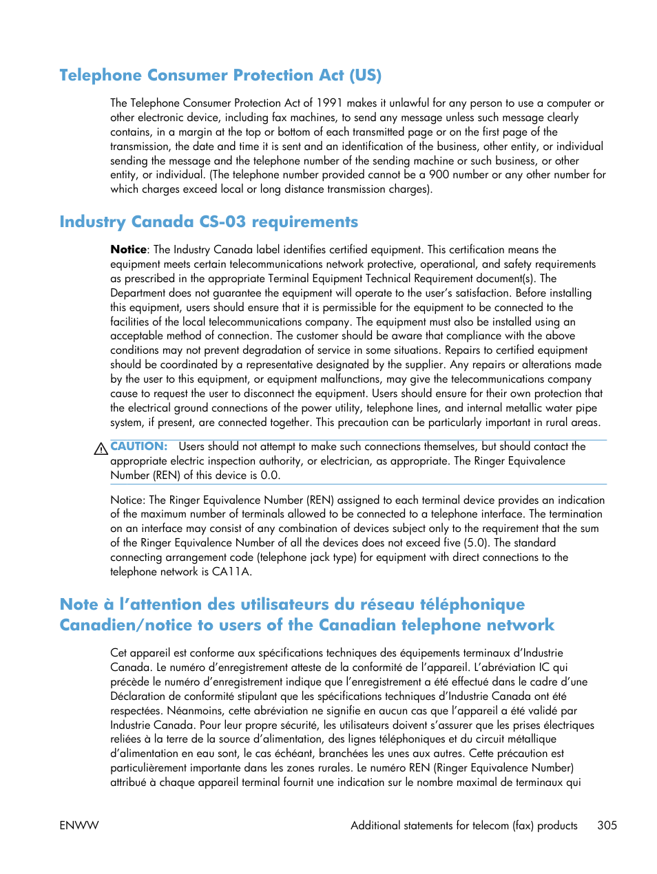 Telephone consumer protection act (us), Industry canada cs-03 requirements | HP Officejet Pro X576 Multifunction Printer series User Manual | Page 321 / 336