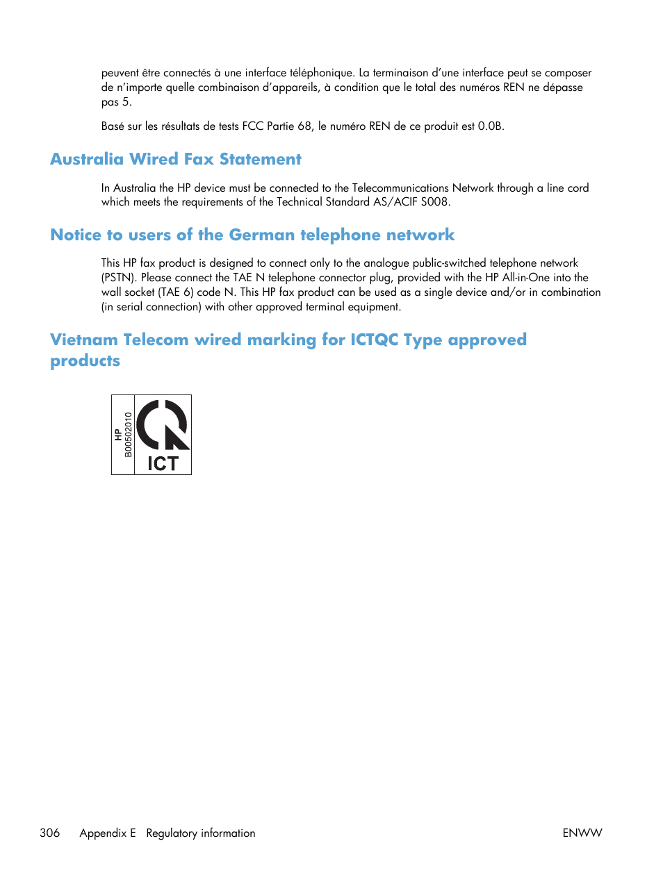 Australia wired fax statement, Notice to users of the german telephone network | HP Officejet Pro X576 Multifunction Printer series User Manual | Page 322 / 336