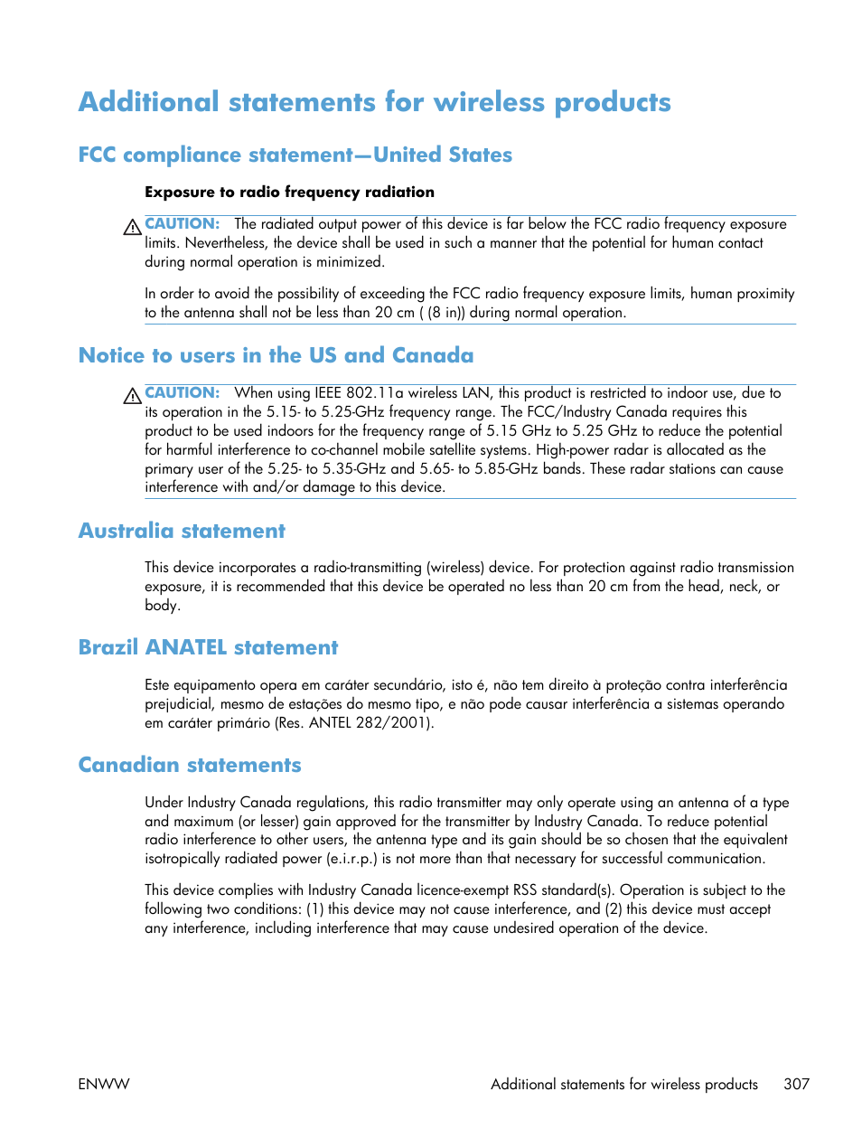 Additional statements for wireless products, Fcc compliance statement—united states, Notice to users in the us and canada | Australia statement, Brazil anatel statement, Canadian statements | HP Officejet Pro X576 Multifunction Printer series User Manual | Page 323 / 336