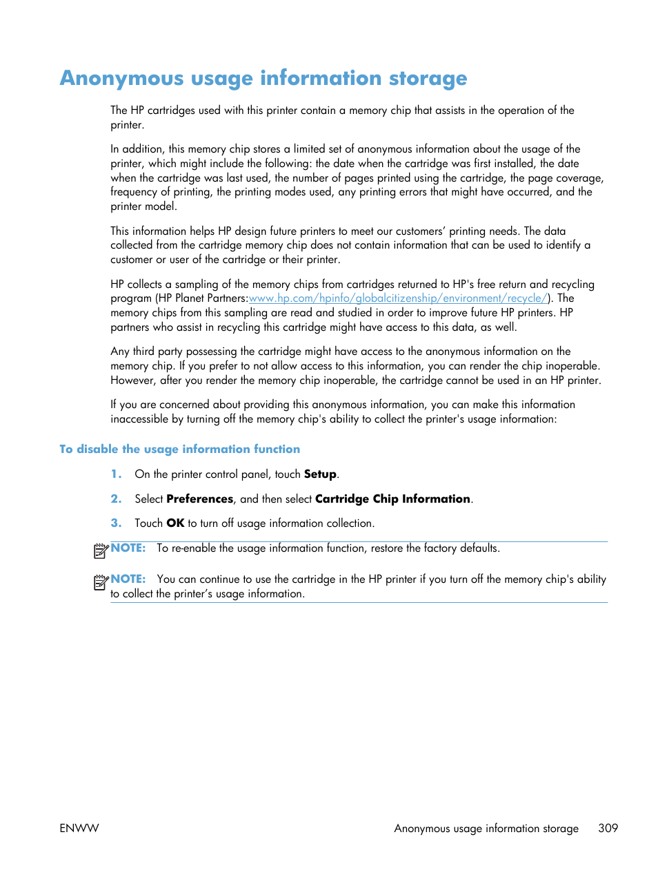 Anonymous usage information storage | HP Officejet Pro X576 Multifunction Printer series User Manual | Page 325 / 336