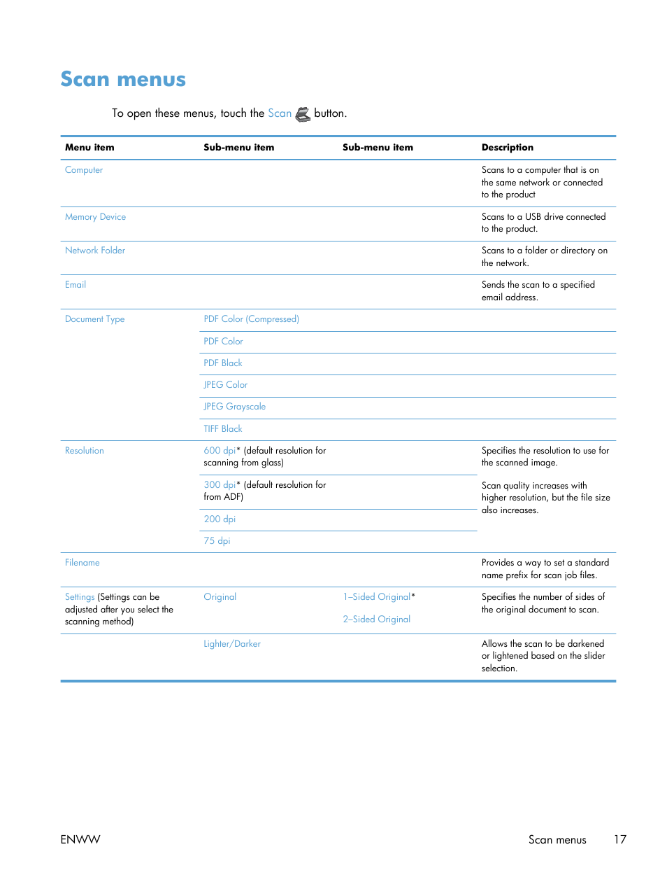 Scan menus | HP Officejet Pro X576 Multifunction Printer series User Manual | Page 33 / 336