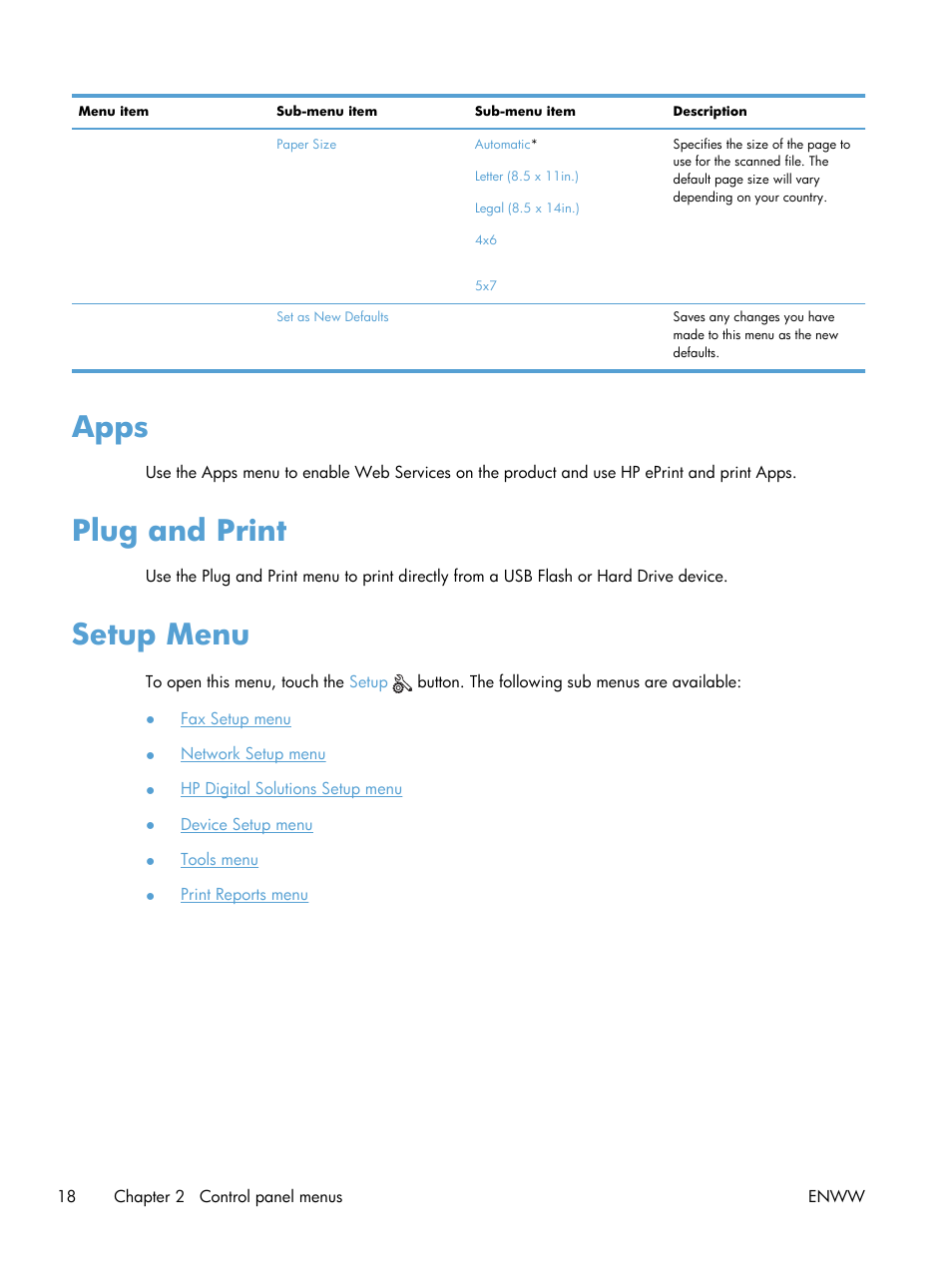 Apps, Plug and print, Setup menu | Apps plug and print setup menu | HP Officejet Pro X576 Multifunction Printer series User Manual | Page 34 / 336