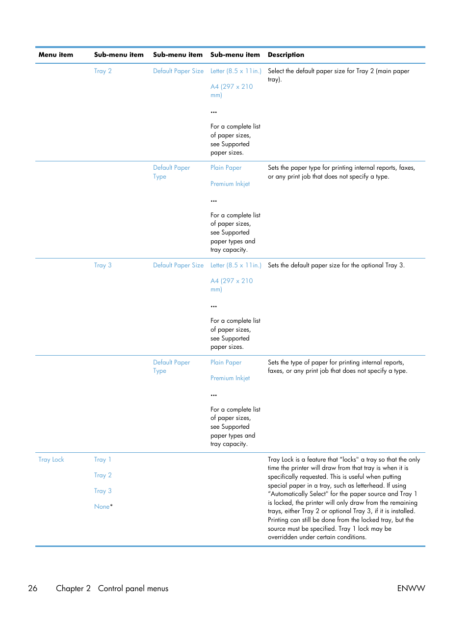 26 chapter 2 control panel menus enww | HP Officejet Pro X576 Multifunction Printer series User Manual | Page 42 / 336