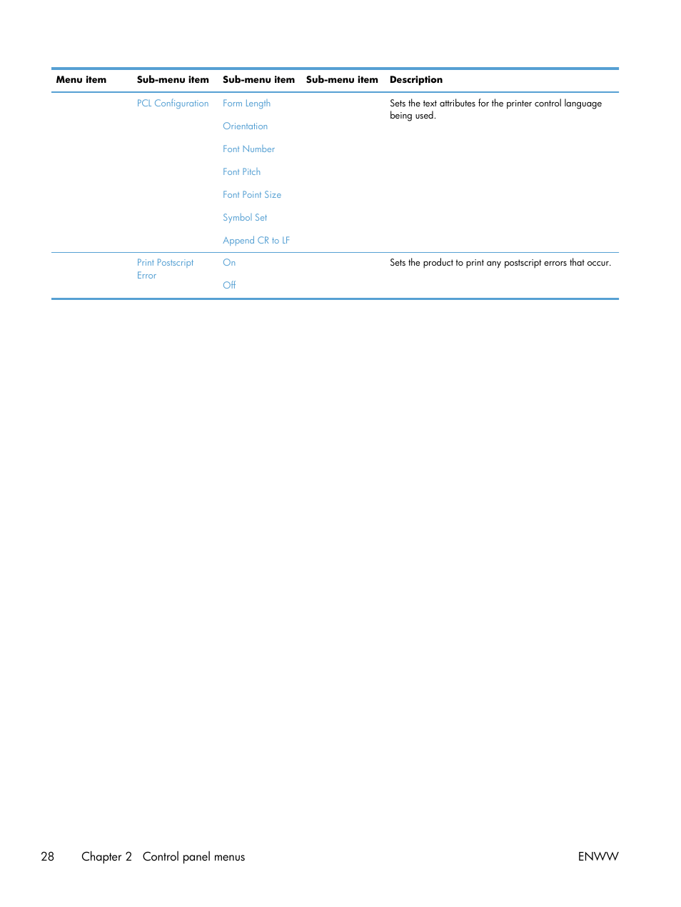 28 chapter 2 control panel menus enww | HP Officejet Pro X576 Multifunction Printer series User Manual | Page 44 / 336