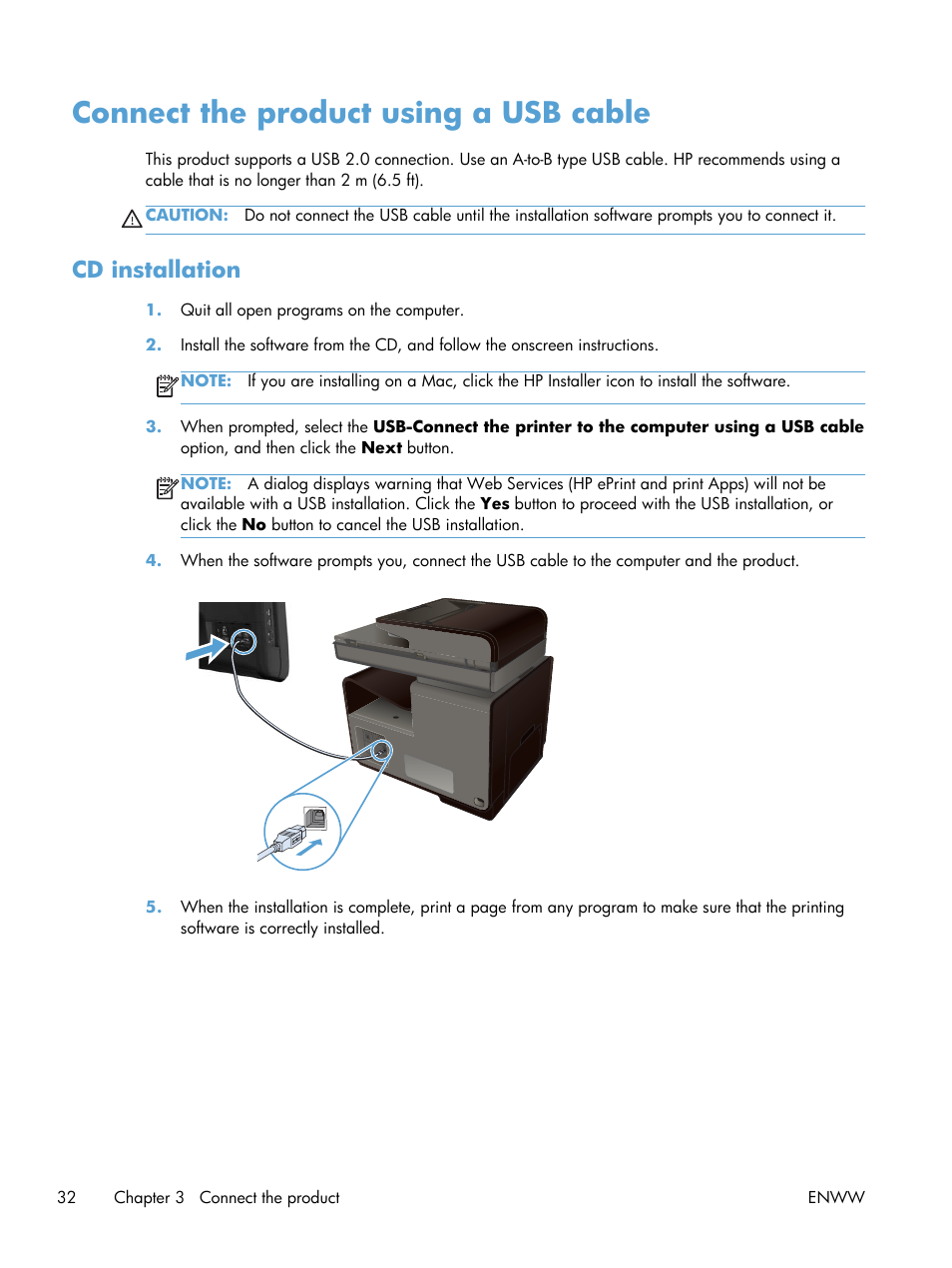 Connect the product using a usb cable, Cd installation | HP Officejet Pro X576 Multifunction Printer series User Manual | Page 48 / 336