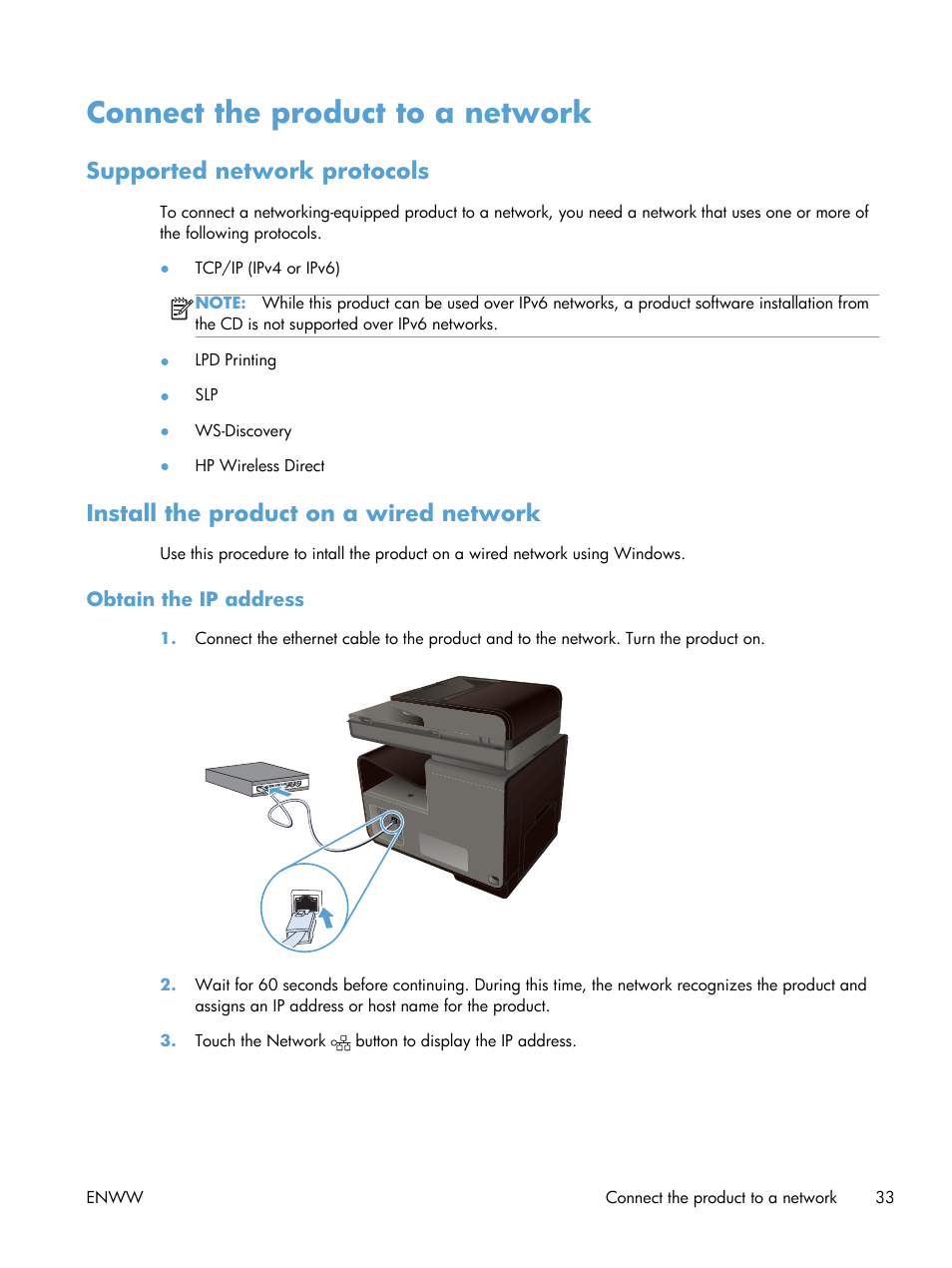 Connect the product to a network, Supported network protocols, Install the product on a wired network | Obtain the ip address | HP Officejet Pro X576 Multifunction Printer series User Manual | Page 49 / 336