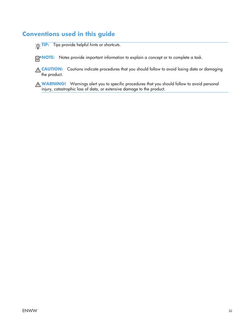 Conventions used in this guide | HP Officejet Pro X576 Multifunction Printer series User Manual | Page 5 / 336