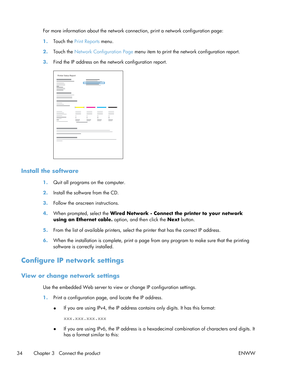 Install the software, Configure ip network settings, View or change network settings | HP Officejet Pro X576 Multifunction Printer series User Manual | Page 50 / 336