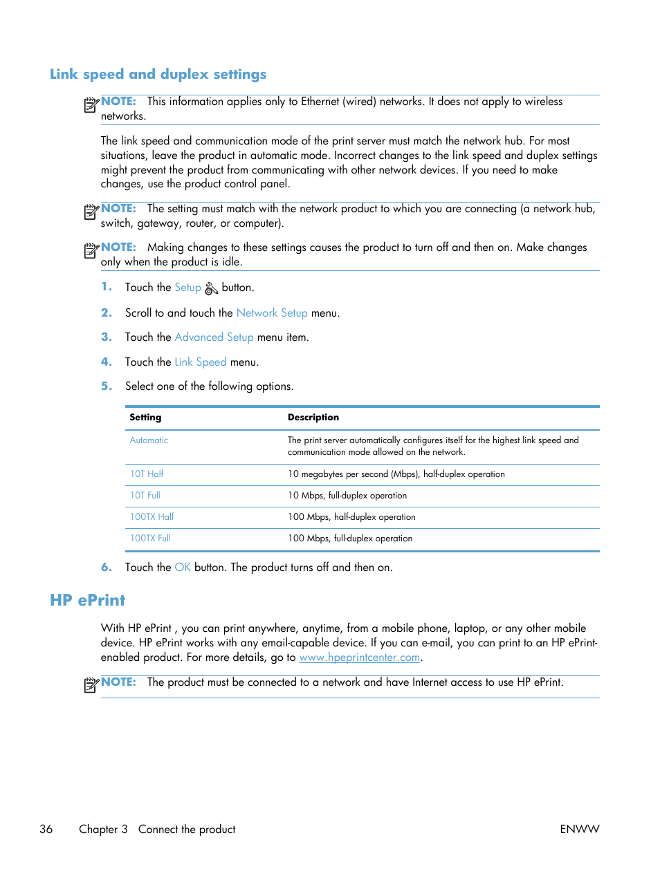 Link speed and duplex settings, Hp eprint | HP Officejet Pro X576 Multifunction Printer series User Manual | Page 52 / 336