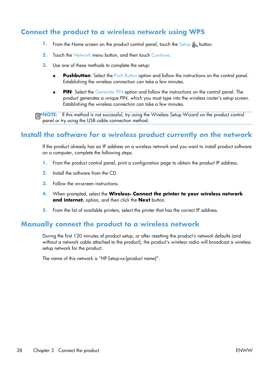 Manually connect the product to a wireless network | HP Officejet Pro X576 Multifunction Printer series User Manual | Page 54 / 336