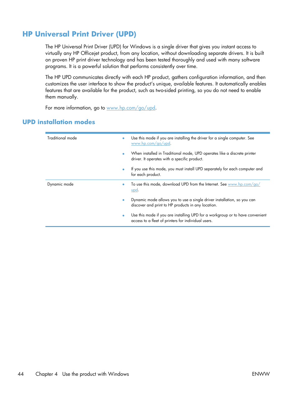 Hp universal print driver (upd), Upd installation modes | HP Officejet Pro X576 Multifunction Printer series User Manual | Page 60 / 336