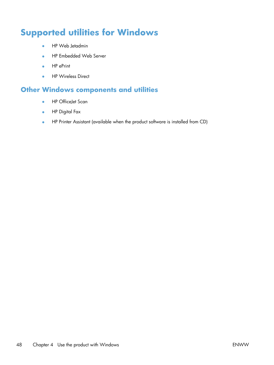 Supported utilities for windows, Other windows components and utilities | HP Officejet Pro X576 Multifunction Printer series User Manual | Page 64 / 336