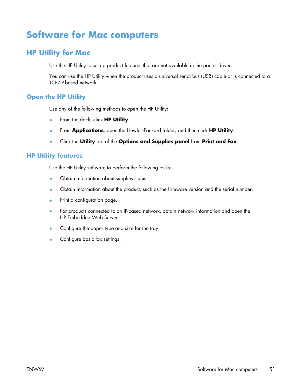 Software for mac computers, Hp utility for mac, Open the hp utility | Hp utility features | HP Officejet Pro X576 Multifunction Printer series User Manual | Page 67 / 336