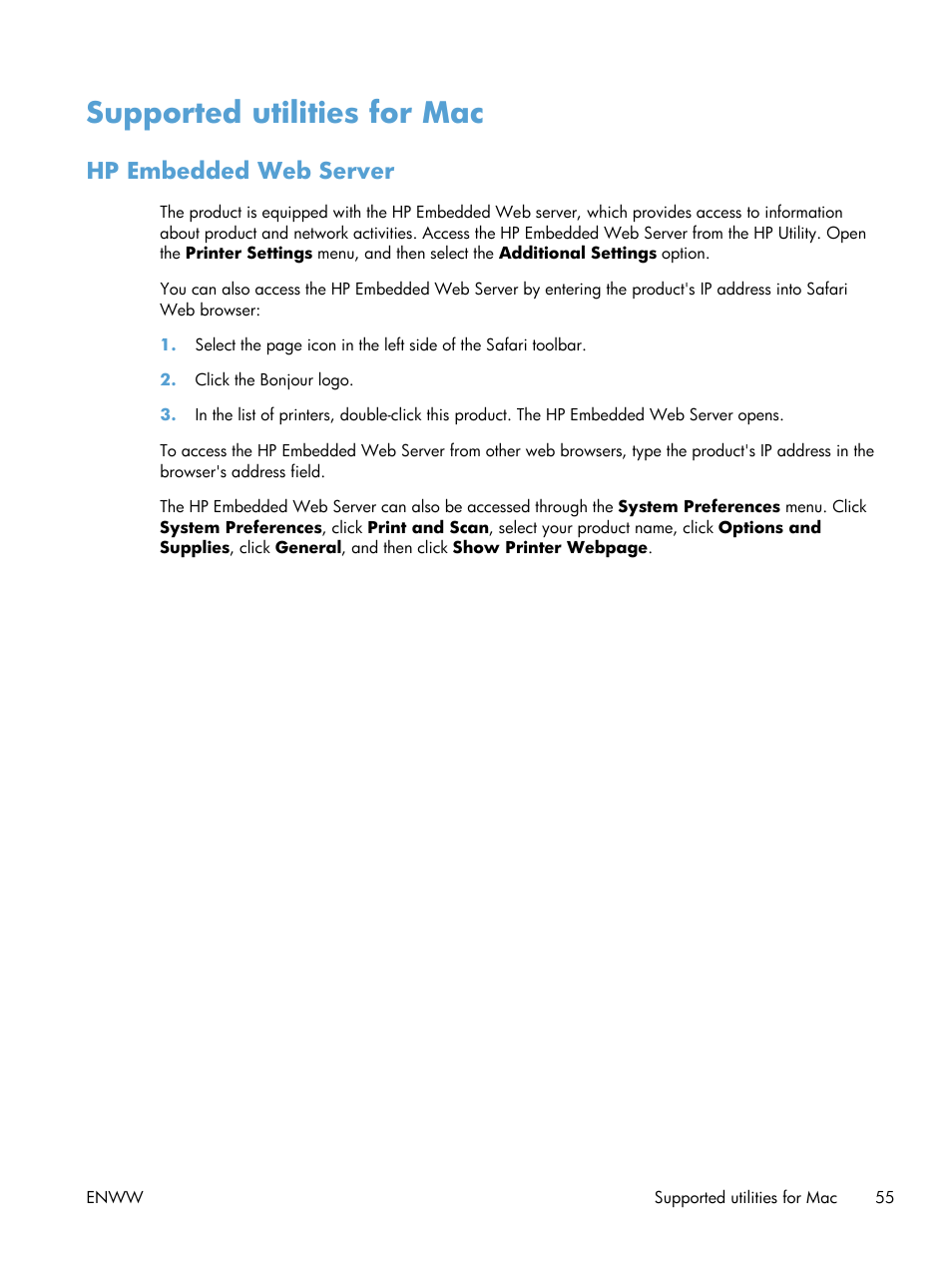 Supported utilities for mac, Hp embedded web server | HP Officejet Pro X576 Multifunction Printer series User Manual | Page 71 / 336