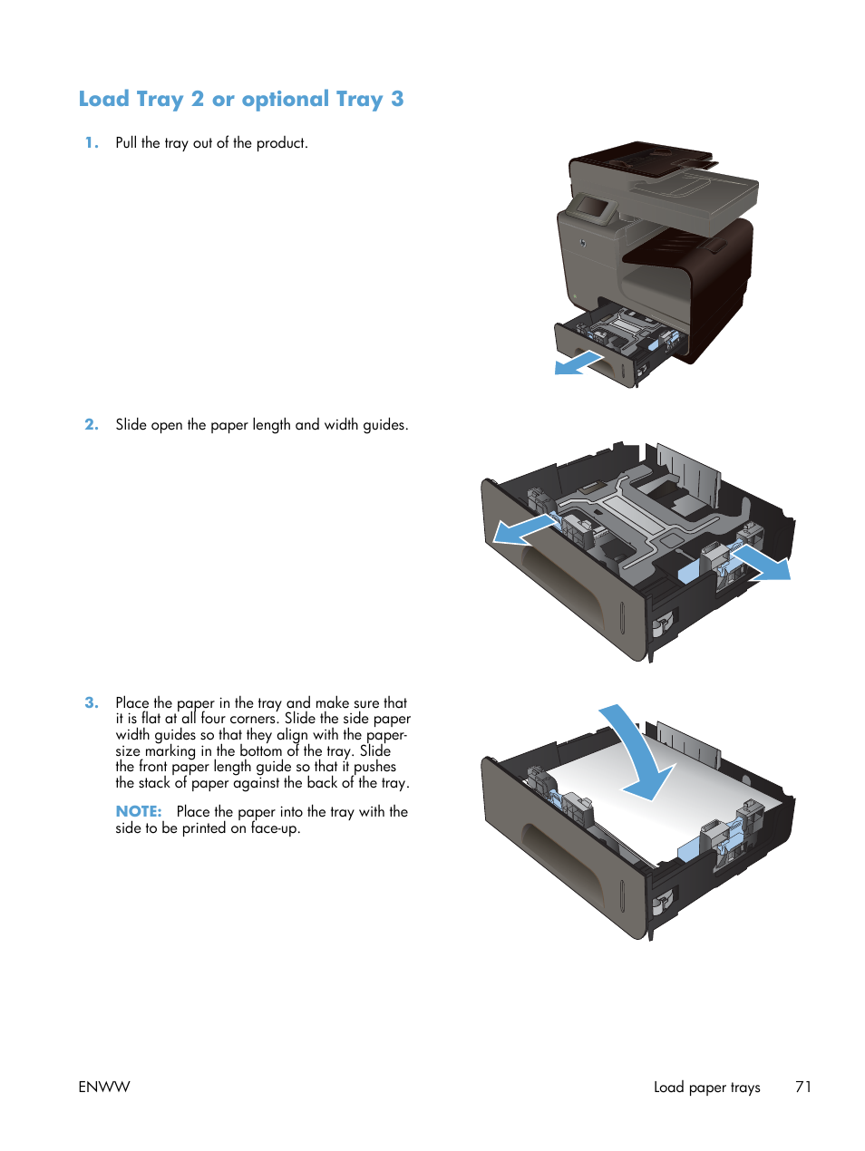 Load tray 2 or optional tray 3 | HP Officejet Pro X576 Multifunction Printer series User Manual | Page 87 / 336