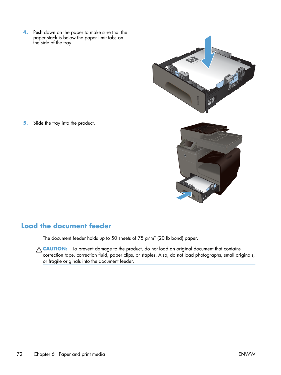 Load the document feeder | HP Officejet Pro X576 Multifunction Printer series User Manual | Page 88 / 336