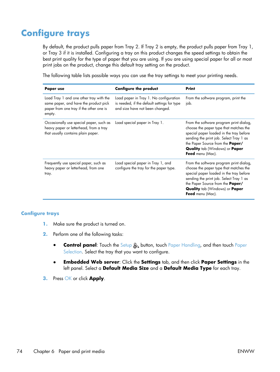 Configure trays | HP Officejet Pro X576 Multifunction Printer series User Manual | Page 90 / 336