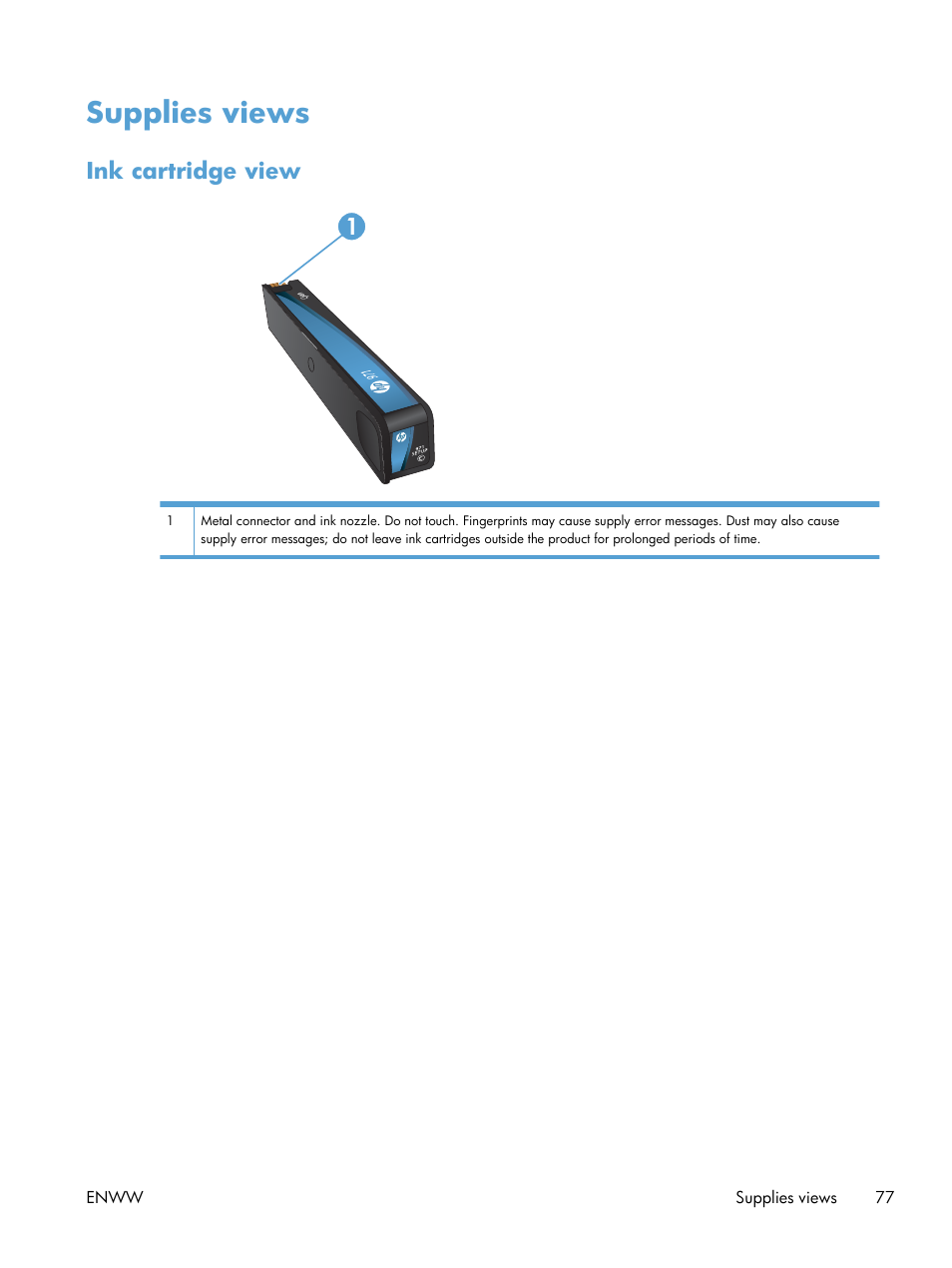 Supplies views, Ink cartridge view, Ink cartridge view 1 | HP Officejet Pro X576 Multifunction Printer series User Manual | Page 93 / 336