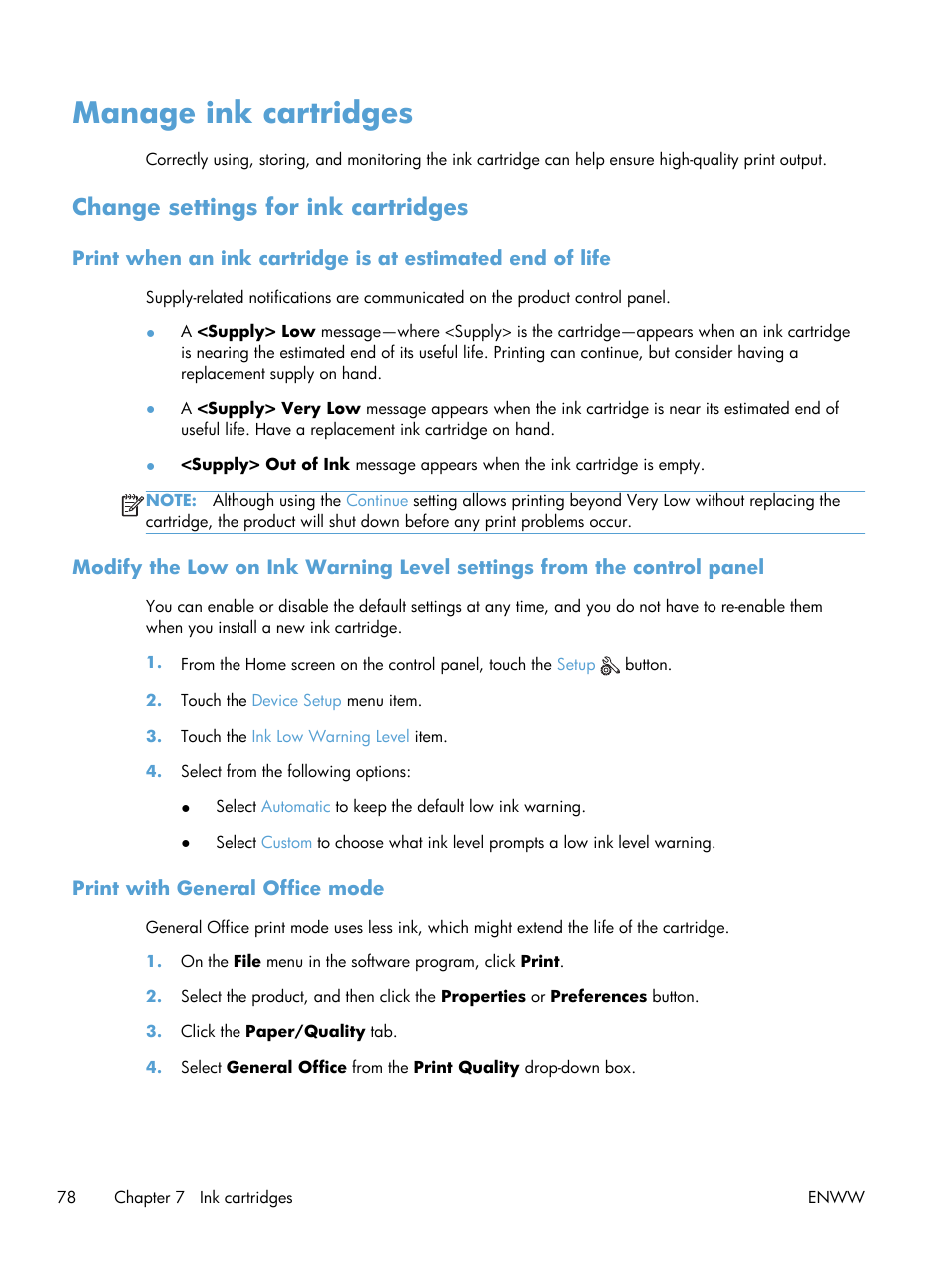 Manage ink cartridges, Change settings for ink cartridges, Print with general office mode | HP Officejet Pro X576 Multifunction Printer series User Manual | Page 94 / 336