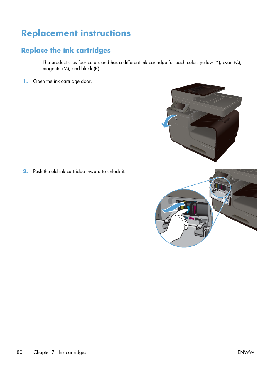 Replacement instructions, Replace the ink cartridges | HP Officejet Pro X576 Multifunction Printer series User Manual | Page 96 / 336