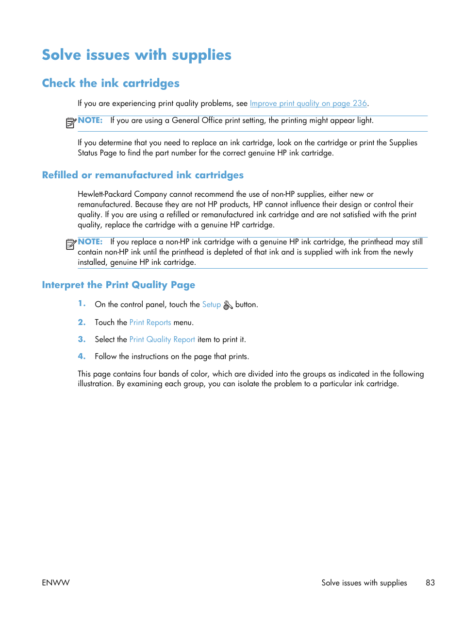 Solve issues with supplies, Check the ink cartridges, Refilled or remanufactured ink cartridges | HP Officejet Pro X576 Multifunction Printer series User Manual | Page 99 / 336