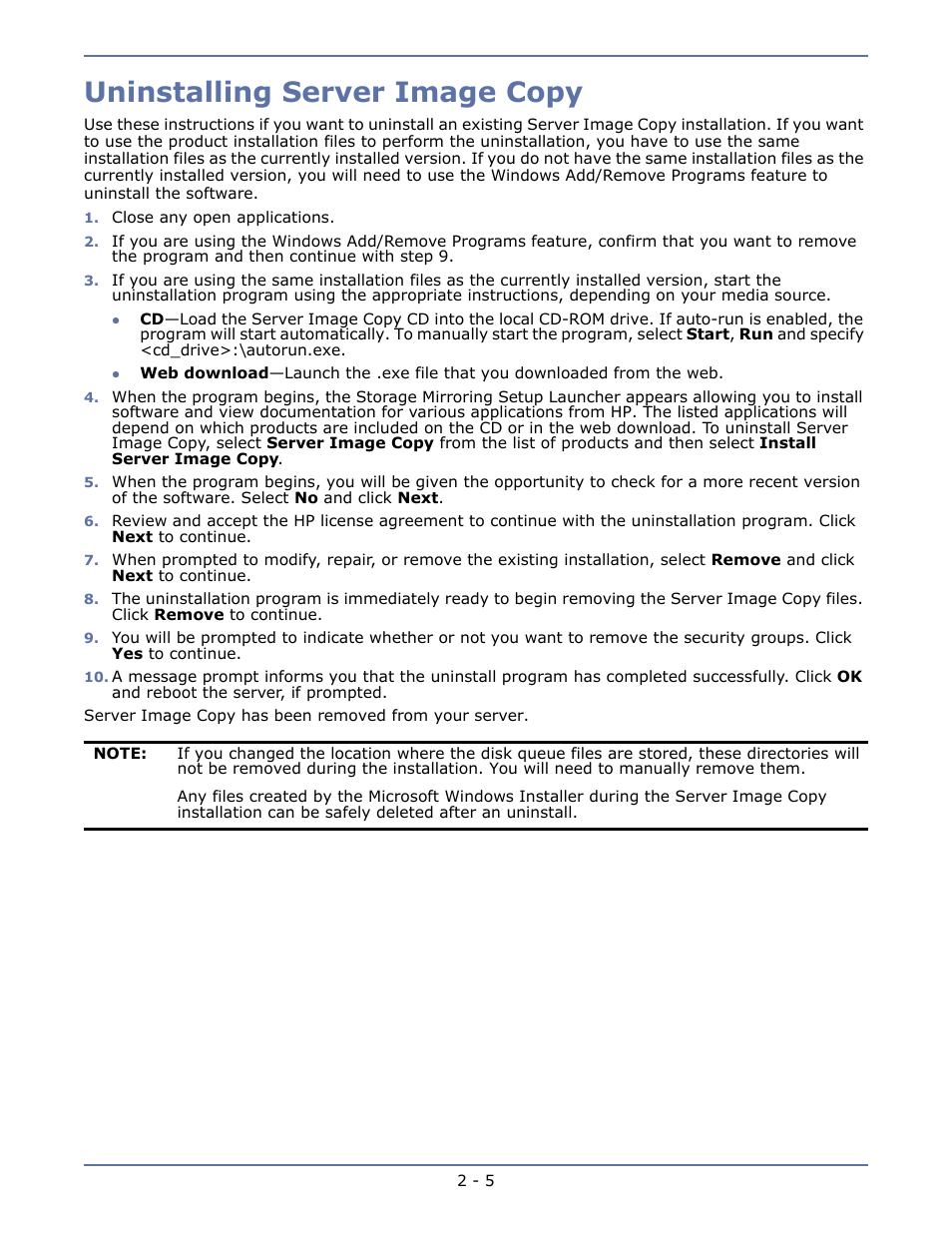 Uninstalling server image copy, Uninstalling server image copy -5 | HP Storage Mirroring V5 Software User Manual | Page 10 / 42