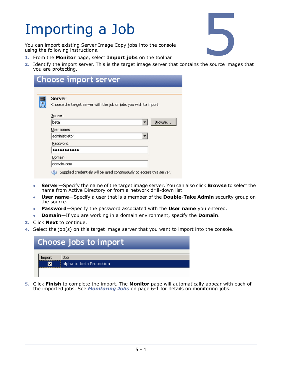 Importing a job, Chapter 5 importing a job -1 | HP Storage Mirroring V5 Software User Manual | Page 18 / 42