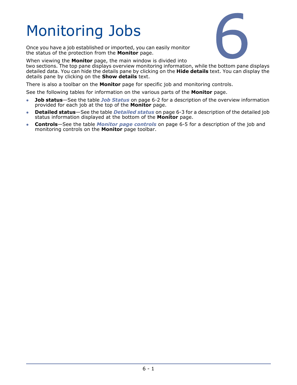 Monitoring jobs, Chapter 6 monitoring jobs -1 | HP Storage Mirroring V5 Software User Manual | Page 19 / 42