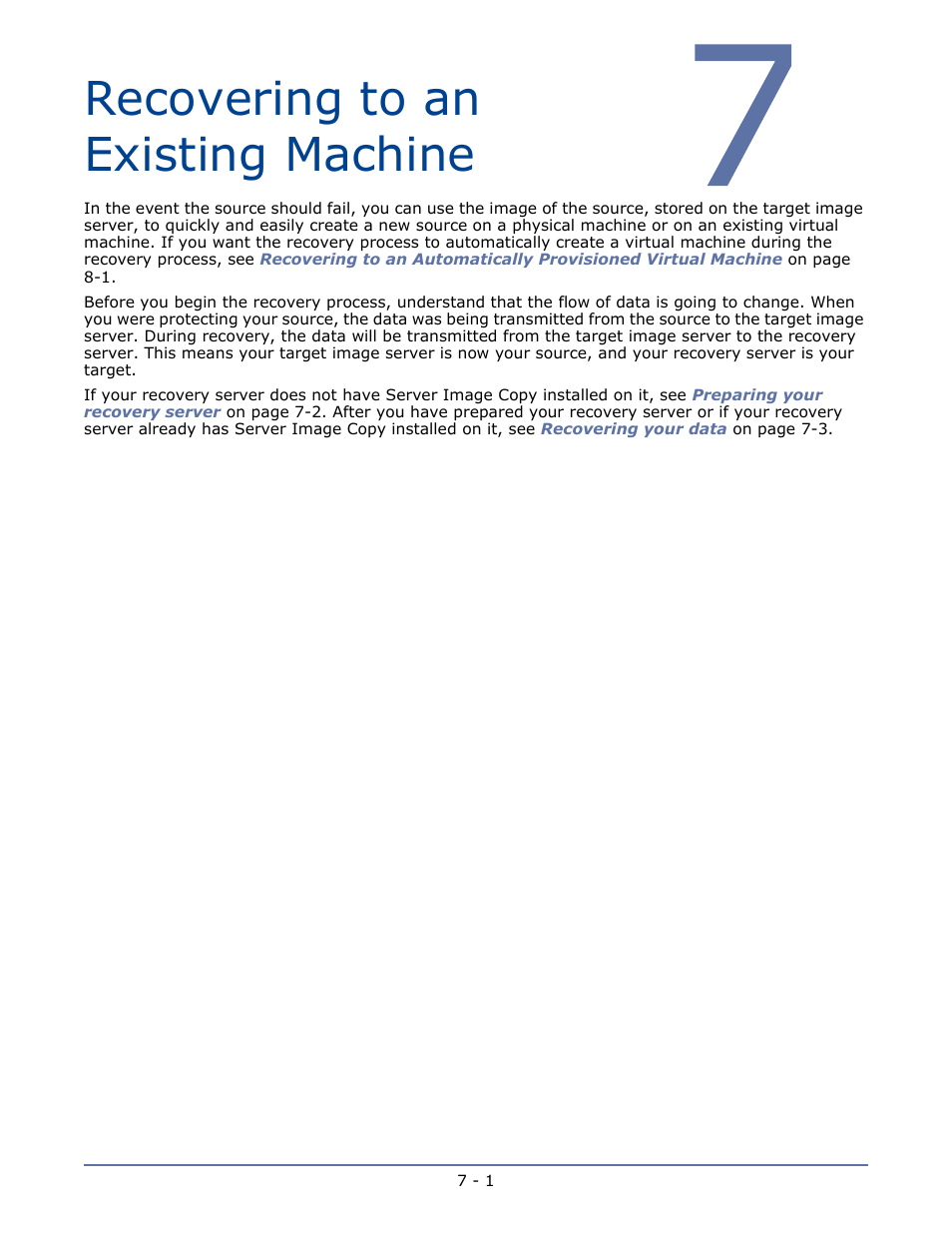 Recovering to an existing machine, Chapter 7 recovering to an existing machine -1 | HP Storage Mirroring V5 Software User Manual | Page 25 / 42