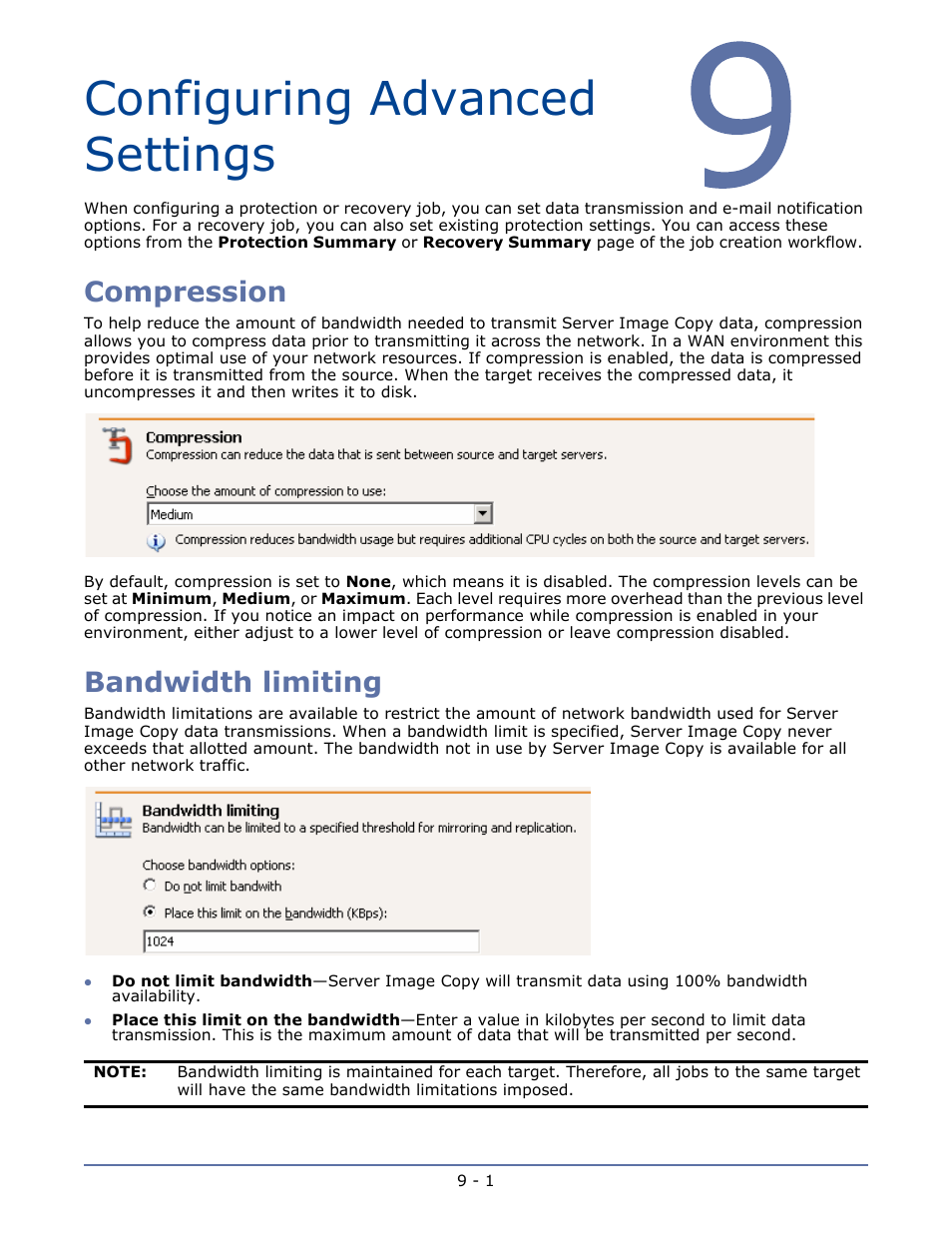 Configuring advanced settings, Compression, Bandwidth limiting | Chapter 9 configuring advanced settings -1, Compression -1 bandwidth limiting -1 | HP Storage Mirroring V5 Software User Manual | Page 38 / 42