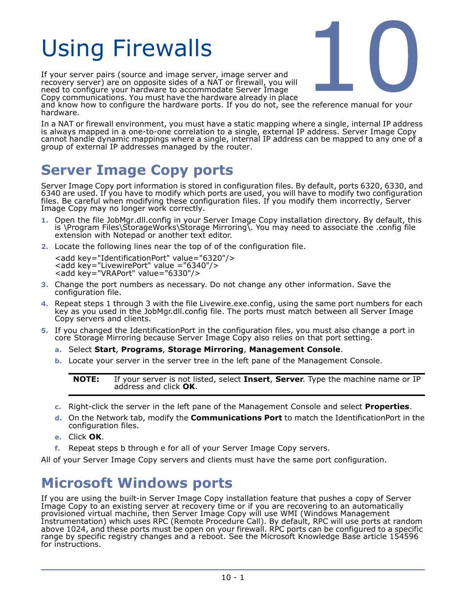 Using firewalls, Server image copy ports, Microsoft windows ports | HP Storage Mirroring V5 Software User Manual | Page 41 / 42