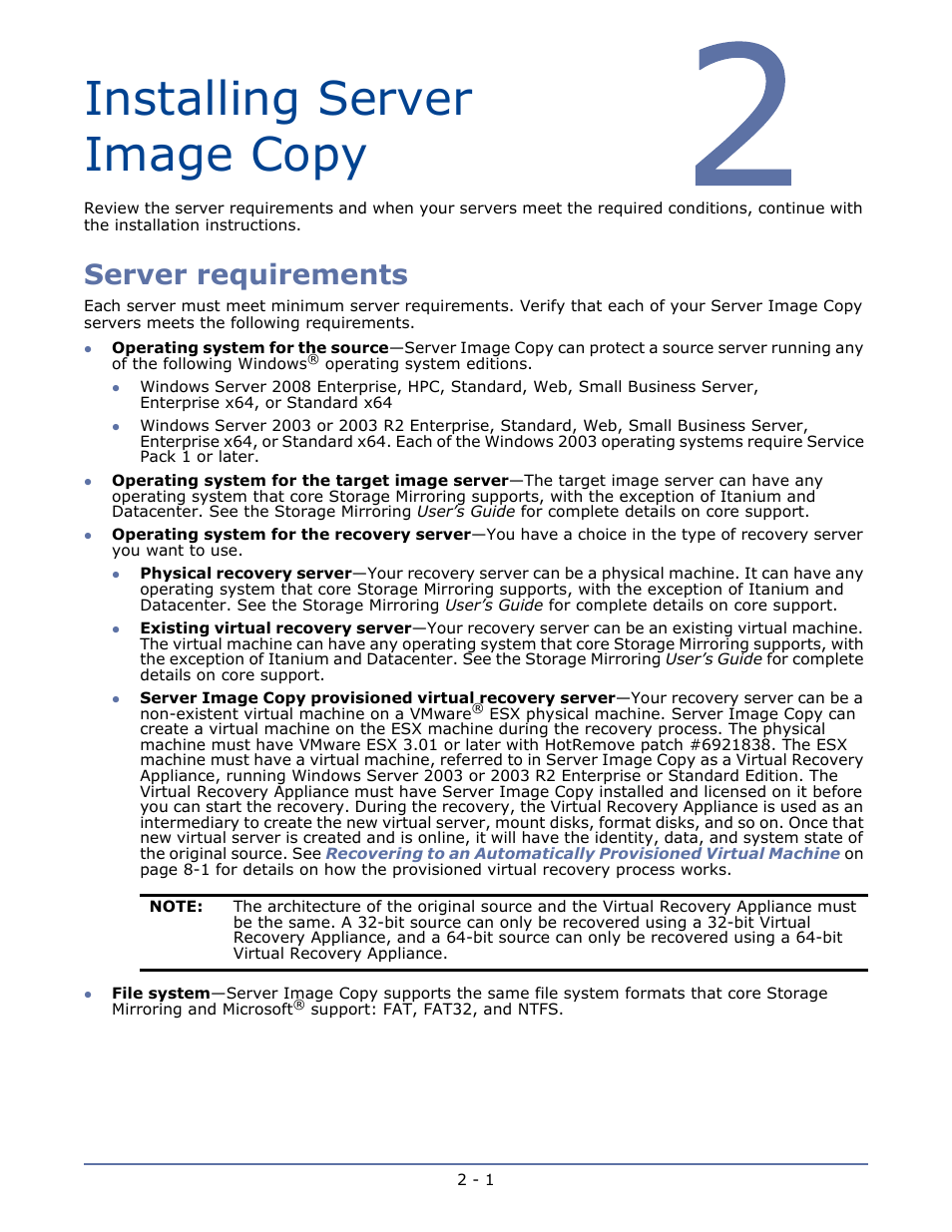 Installing server image copy, Server requirements, Chapter 2 installing server image copy -1 | Server requirements -1 | HP Storage Mirroring V5 Software User Manual | Page 6 / 42