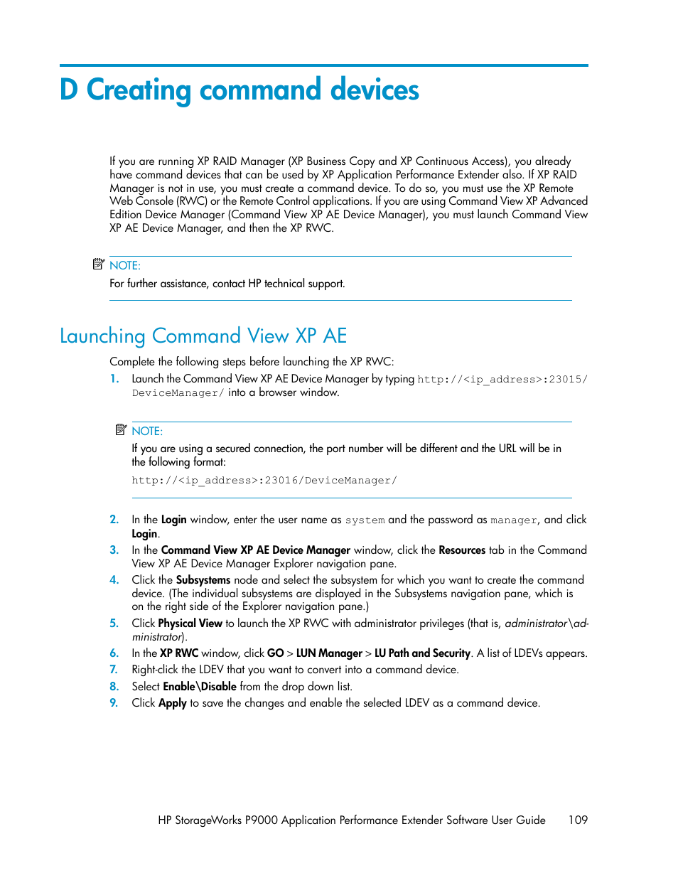 D creating command devices, Launching command view xp ae | HP XP Application Performance Extender Software User Manual | Page 109 / 120