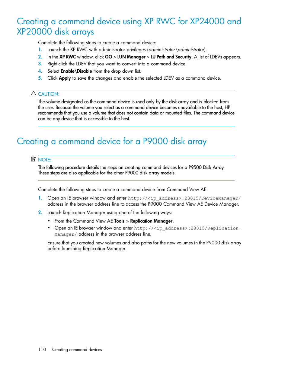 Creating a command device for a p9000 disk array | HP XP Application Performance Extender Software User Manual | Page 110 / 120