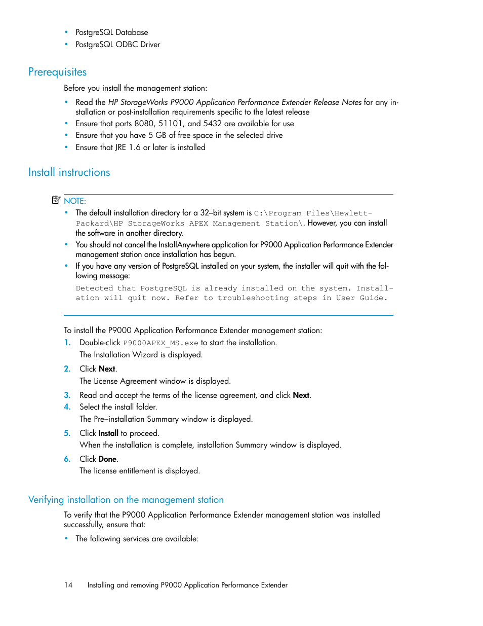 Prerequisites, Install instructions, Verifying installation on the management station | 14 install instructions | HP XP Application Performance Extender Software User Manual | Page 14 / 120