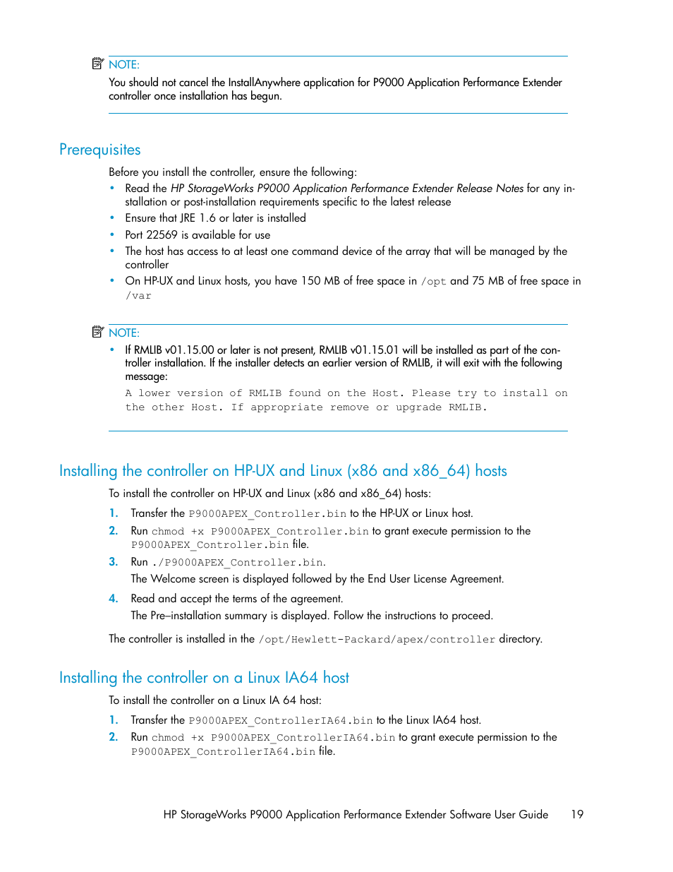 Prerequisites, Installing the controller on a linux ia64 host, 19 installing the controller on a linux ia64 host | HP XP Application Performance Extender Software User Manual | Page 19 / 120