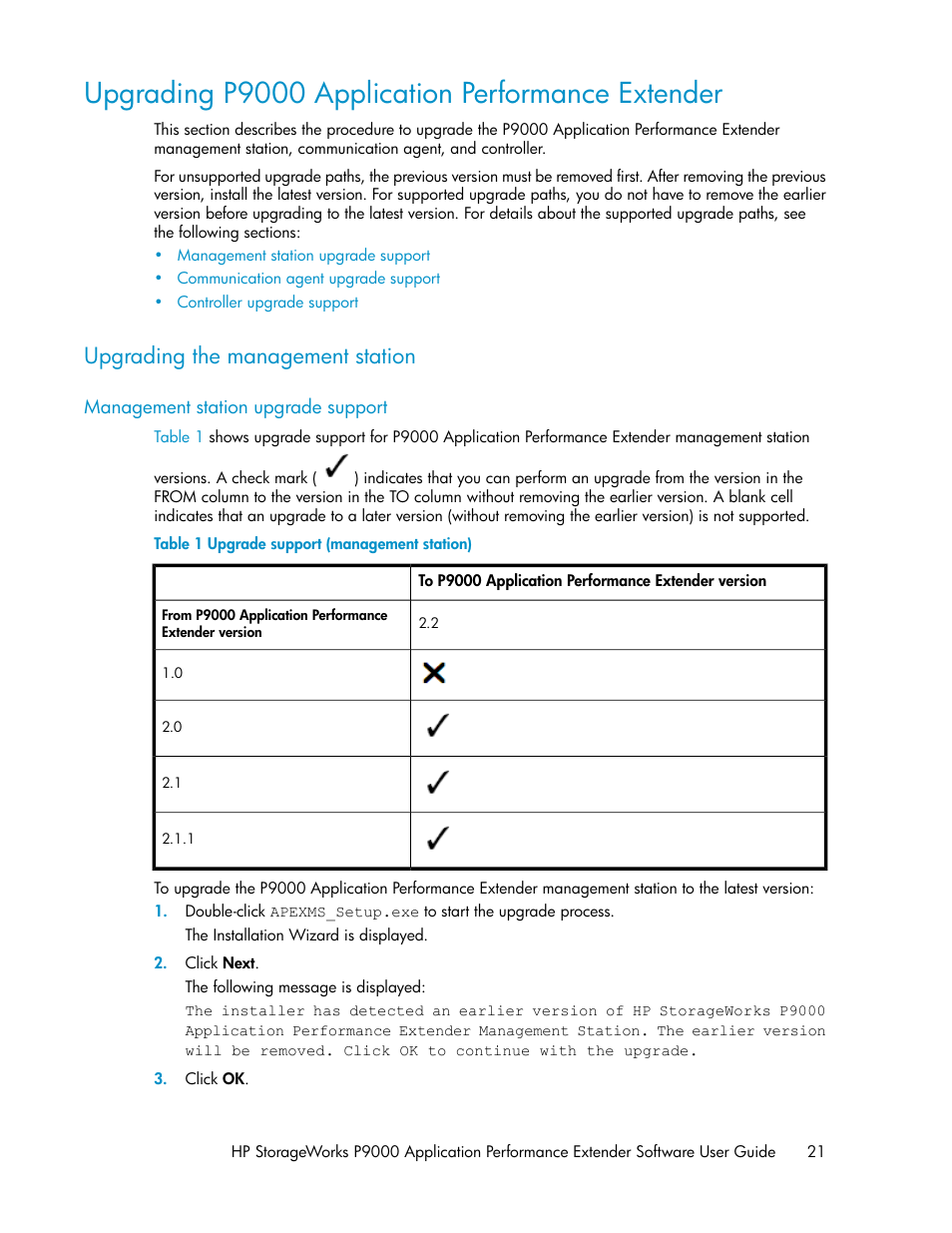 Upgrading p9000 application performance extender, Upgrading the management station, Management station upgrade support | Upgrade support (management station) | HP XP Application Performance Extender Software User Manual | Page 21 / 120