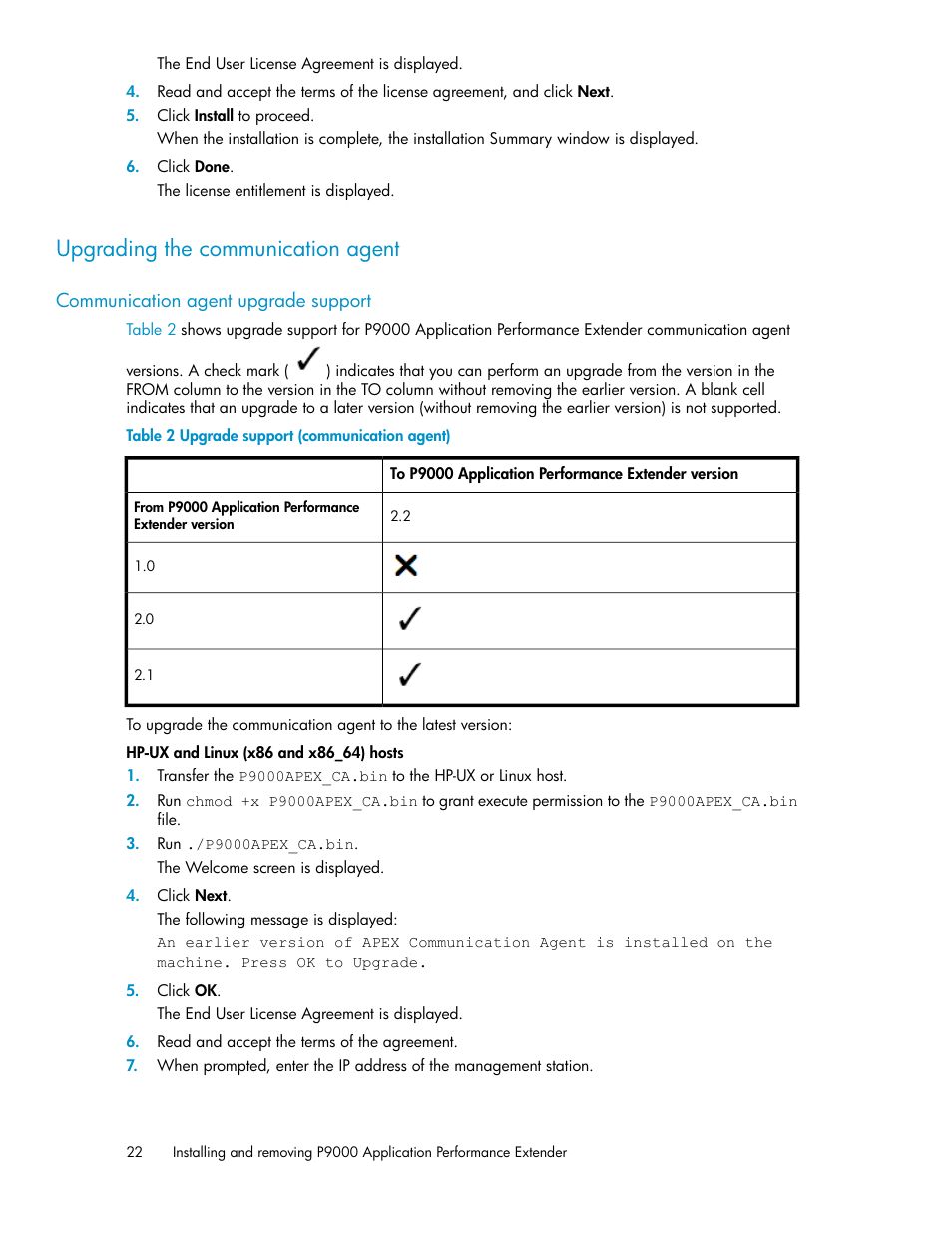 Upgrading the communication agent, Communication agent upgrade support, Upgrade support (communication agent) | HP XP Application Performance Extender Software User Manual | Page 22 / 120