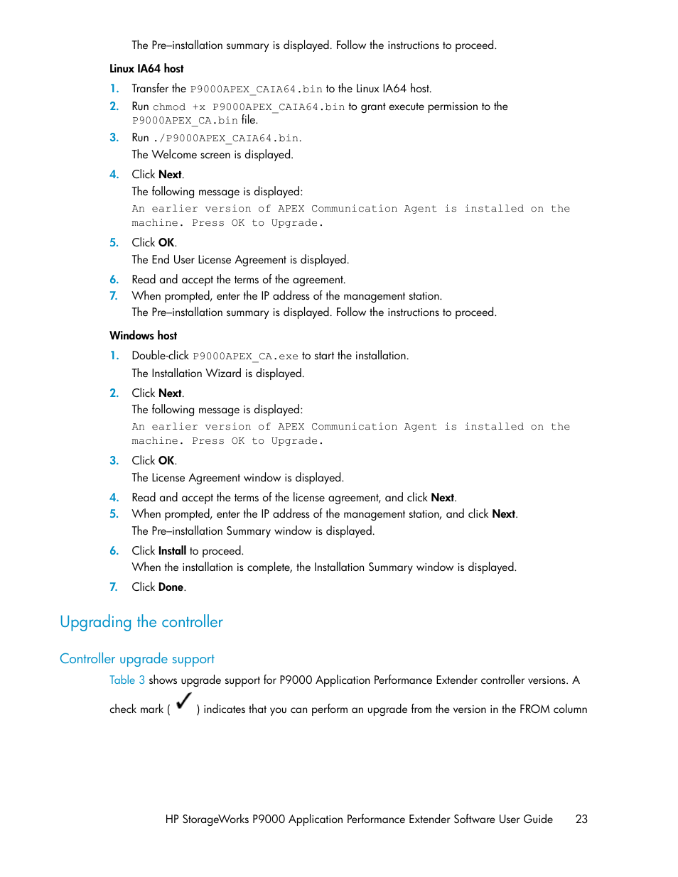 Upgrading the controller, Controller upgrade support | HP XP Application Performance Extender Software User Manual | Page 23 / 120