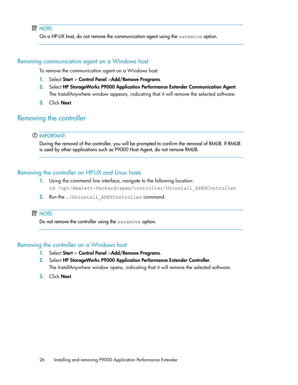 Removing communication agent on a windows host, Removing the controller, Removing the controller on hp-ux and linux hosts | Removing the controller on a windows host, 26 removing the controller on a windows host | HP XP Application Performance Extender Software User Manual | Page 26 / 120