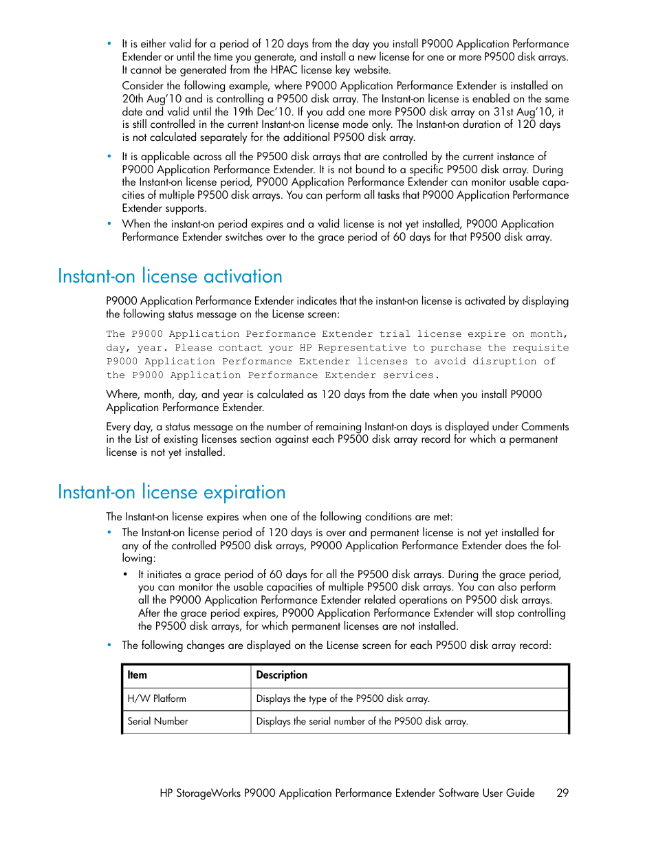 Instant-on license activation, Instant-on license expiration, 29 instant-on license expiration | HP XP Application Performance Extender Software User Manual | Page 29 / 120