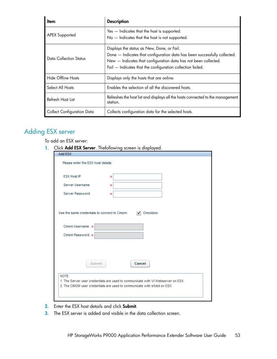 Adding esx server | HP XP Application Performance Extender Software User Manual | Page 53 / 120