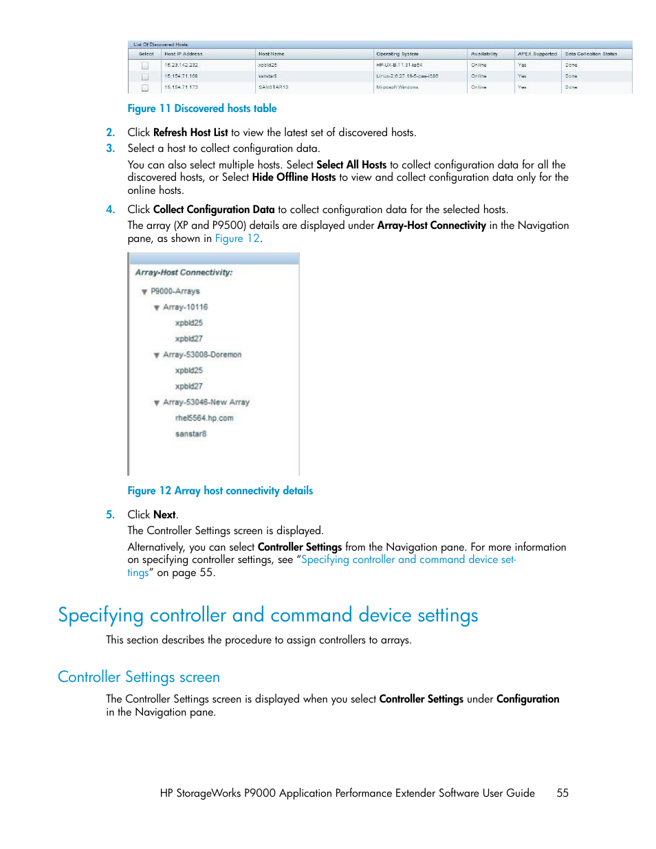 Specifying controller and command device settings, Controller settings screen, Discovered hosts table | Array host connectivity details | HP XP Application Performance Extender Software User Manual | Page 55 / 120