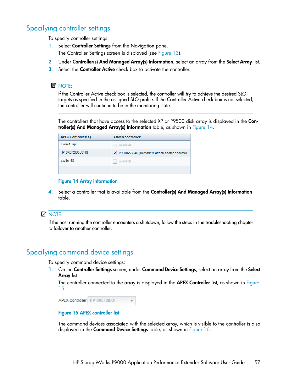 Specifying controller settings, Specifying command device settings, 57 specifying command device settings | Array information, Apex controller list | HP XP Application Performance Extender Software User Manual | Page 57 / 120