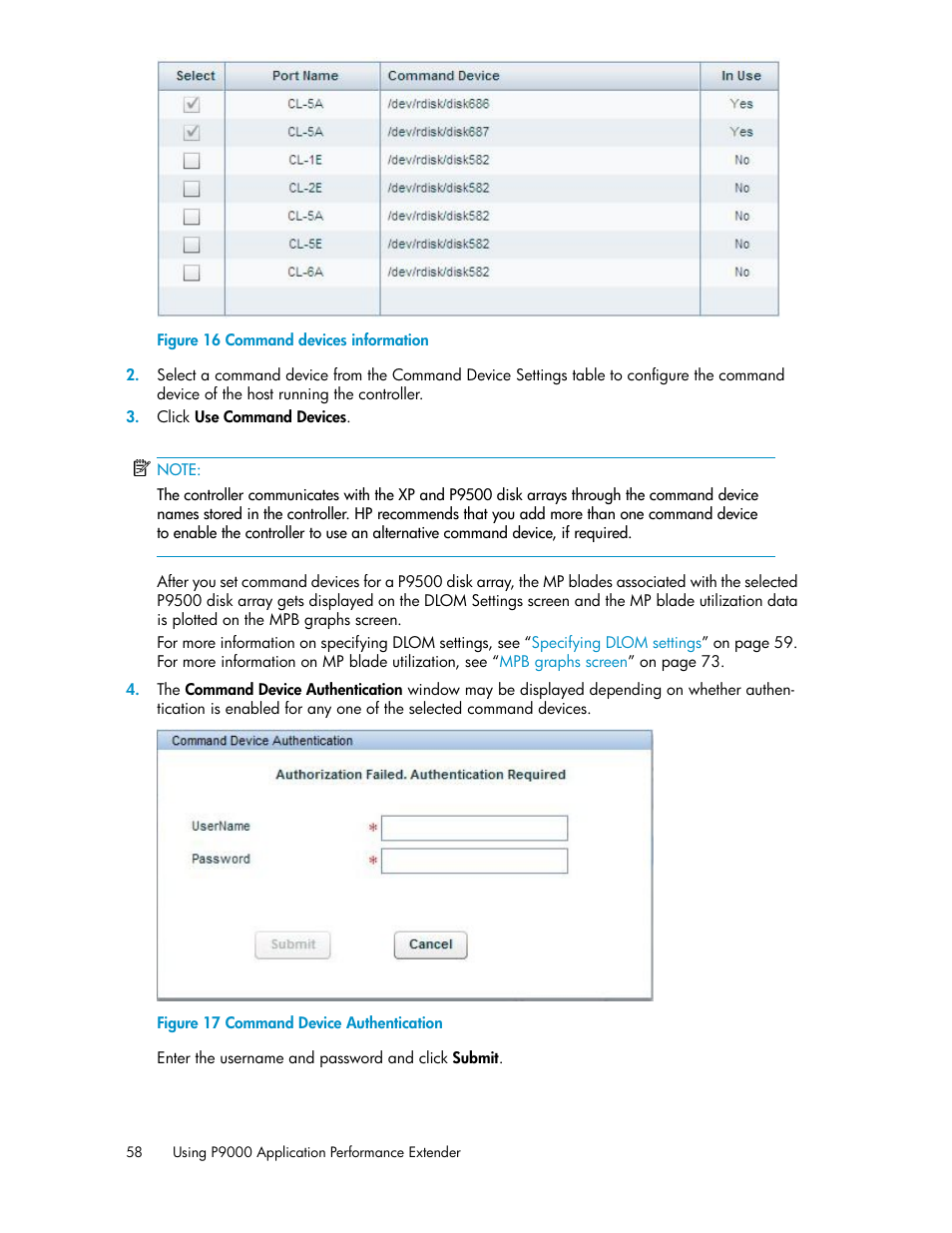 Command devices information, Command device authentication, Figure 16 | HP XP Application Performance Extender Software User Manual | Page 58 / 120