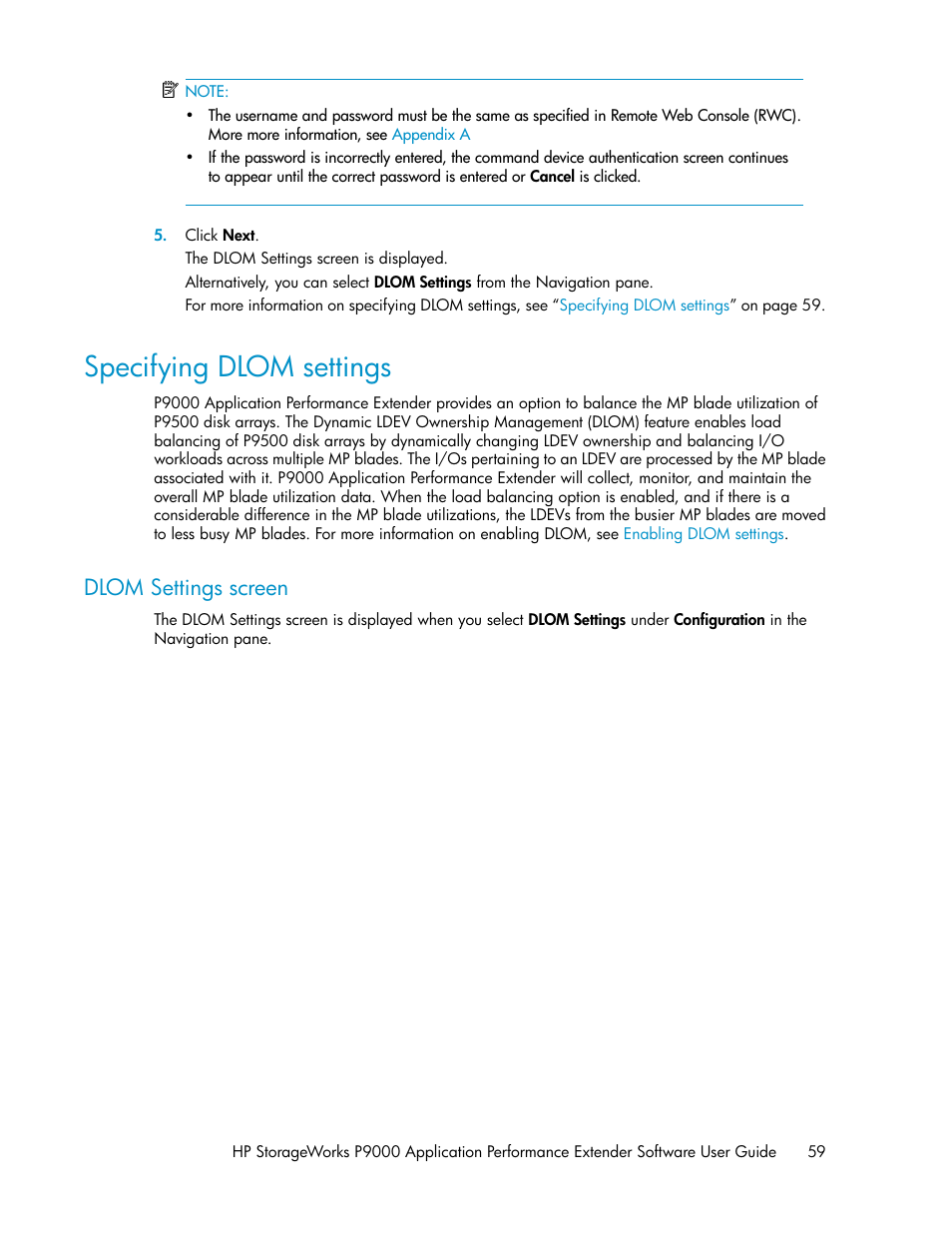 Specifying dlom settings, Dlom settings screen | HP XP Application Performance Extender Software User Manual | Page 59 / 120