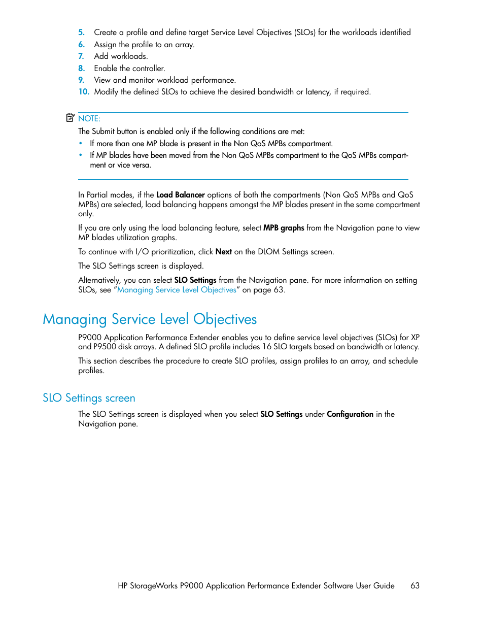 Managing service level objectives, Slo settings screen | HP XP Application Performance Extender Software User Manual | Page 63 / 120