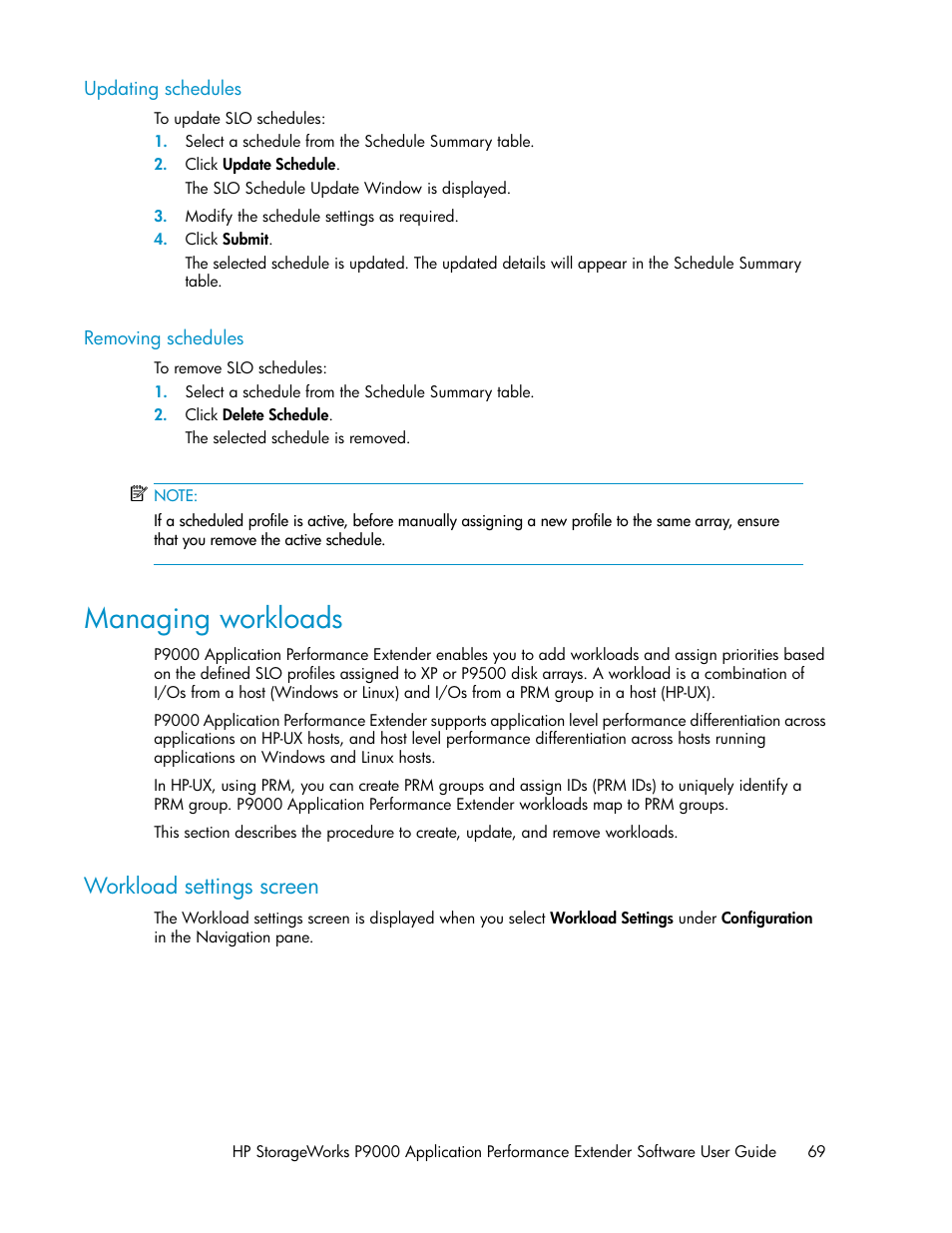 Updating schedules, Removing schedules, Managing workloads | Workload settings screen, 69 removing schedules | HP XP Application Performance Extender Software User Manual | Page 69 / 120