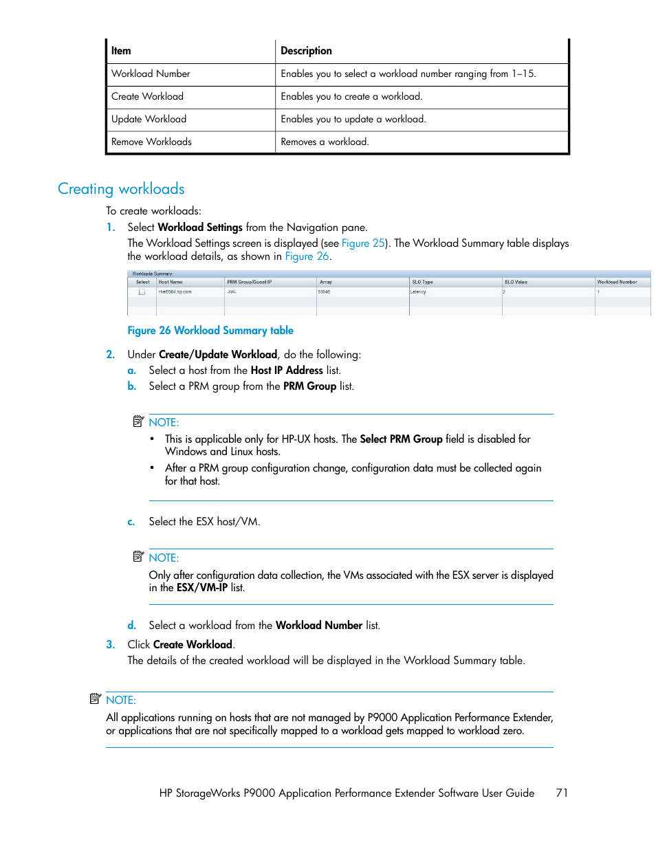 Creating workloads, Workload summary table | HP XP Application Performance Extender Software User Manual | Page 71 / 120